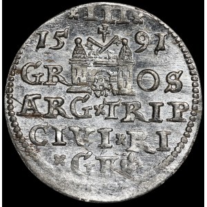 Sigismund III Vasa, 1591 Tri-coin, Riga—rosette—LIV—rare and beautiful
