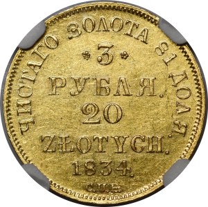 Polska, Zabór rosyjski, 3 ruble = 20 złotych 1834 NGC MS61