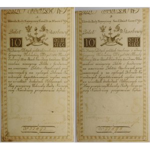 Dvojica 2 x 10 zlotých z roku 1794 – SÉRIOVÉ ČÍSLO – A 33493 / B 33494 – vodoznak [J HONIG]