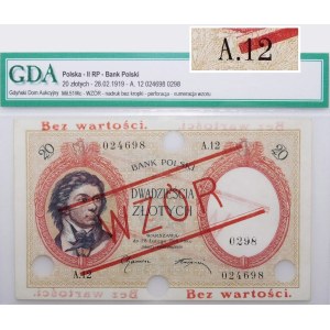 20 zlotych, 1919 – Series A.12 – No. 0298 – PROTOTYPE – one of 4 known