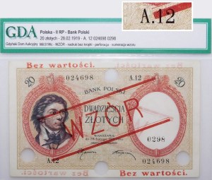 20 złotych 1919 - seria A.12 - nr 0298 - WZÓR - jeden z 4 znanych