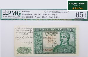 10 złotych 1939 - seria A 000000 - druk próbny - adnotacje K. Chybińskiego