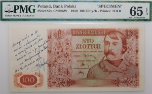 100 złotych 1939 - druk próbny - adnotacje K. Chybińskiego