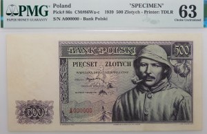 500 złotych 1939 - seria A 000000 - druk próbny - znak wodny od 10 złotych