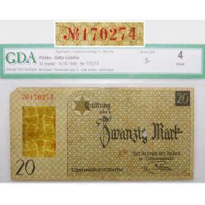 Ghetto von Łódź – 20 Mark 1940 – Nummerierzeichen Typ 2 – Wasserzeichen – SEHR SELTEN