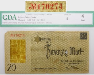 Getto łódzkie - 20 marek 1940 - numerator typu 2 - znak wodny - BARDZO RZADKIE