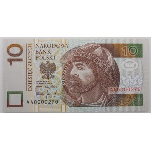 10 złotych 1994 - seria AA 0000270 - niski numer - pierwsza seria