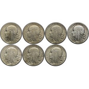 Set mit 7 x 5-Złoty-Münzen „Kopf einer Frau“ von 1933