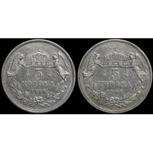 Hungary, Franz Joseph I (1848–1908), Set of 2 × 5 koronas (1900) and 5 koronas (1908)