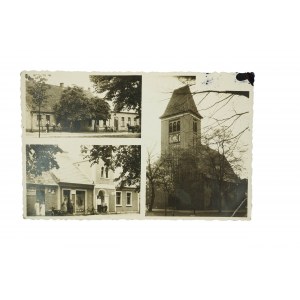 Jastrzębsko Stare [municipality of Nowy Tomyśl] three views: Church of the Blessed Virgin Mary Queen of Poland, bakery, stores, street [after 1914].