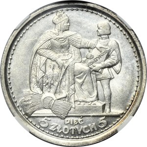 Konstytucja, 5 złotych 1925 - 81 perełek - NGC UNC DETAILS