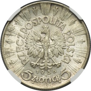 Piłsudski, 5 zlotých 1938 - NGC MS62