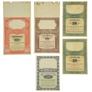 Asygnaty 1939, 10 zł, 20 zł, 50 zł, 100 zł (zestaw 5 szt.)