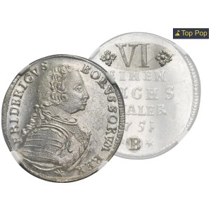 Silesia, Prussian rule, Friedrich II, 1/6 Thaler Breslau 1751 B - NGC MS64