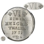 Silesia, Prussian rule, Friedrich II, 1/6 Thaler Breslau 1751 B - NGC MS64