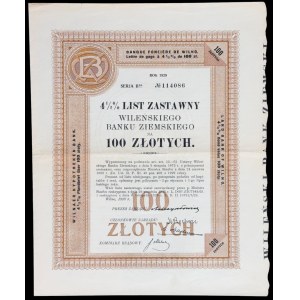 Vilnius Land Bank, 4,5% hypoteční zástavní list, 100 zlotých 1929, série II