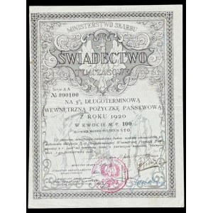 5% Long-term State Loan, temporary certificate 1920, 100 mkp