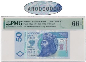 50 złotych 1994 - AR 0000000 - WZÓR AKCEPTACYJNY BEZ NADRUKÓW - PMG 66 EPQ - UNIKAT