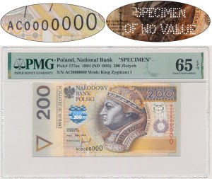 200 złotych 1994 - AC 0000000 - WZÓR AKCEPTACYJNY Z PERFORACJĄ - PMG 65 EPQ - NIENOTOWANY