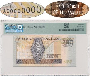 200 złotych 1994 - AC 0000000 - WZÓR AKCEPTACYJNY Z PERFORACJĄ - PMG 65 EPQ - NIENOTOWANY