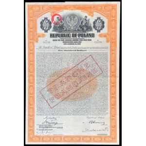 7% Pożyczka Stabilizacyjna 1927, obligacja 100 dolarów, TRANCHE FRANCAISE, bez stempla zmiany oprocentowania
