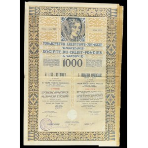 Towarzystwo Kredytowe Ziemskie w Warszawie, obligation hypothécaire à 6 % 1929, 1 000 francs français - ensemble de 6.