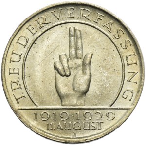 Germany, Weimar Republic, 3 Mark Hamburg 1929 J - Weimar Oath