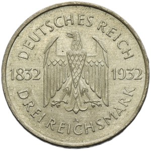 Německo, Výmarská republika, 3 marky Berlín 1932 A - Goethe