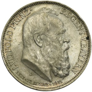 Germany, Bavaria, Regent Luitpold, 3 Mark Munich 1911 D