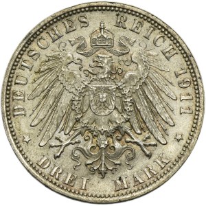 Germany, Bavaria, Regent Luitpold, 3 Mark Munich 1911 D
