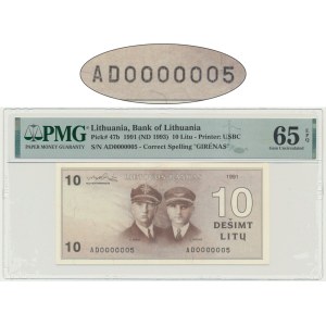 Lithuania, 10 Litu 1991 - AD 0000005 - PMG 65 EPQ - low serial number