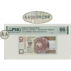 10 zlotych, 1994 - AA 0000288 - PMG 66 EPQ - low serial number
