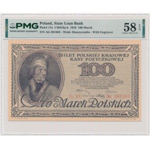 100 marek 1919 – séria AG – PMG 58 EPQ – červený číselník – KRÁSNA