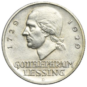 Germany, Weimar Republic, 3 Mark Munich 1929 D - Gotthold Lessing