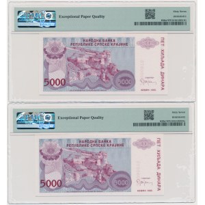 Croatia, 5.000 Dinars 1993 - PMG 67 EPQ - replacement - consecutive low serial numbers (2 pcs.)