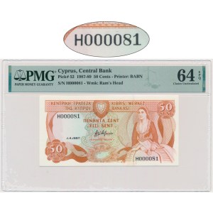 Cyprus, 50 Cents 1987 - PMG 64 EPQ - low serial number