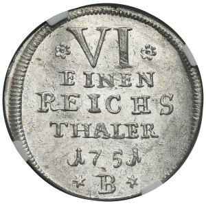 Silesia, Prussian rule, Friedrich II, 1/6 Thaler Breslau 1751 B - NGC MS63