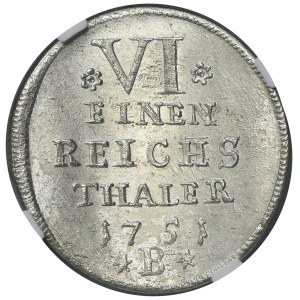 Silesia, Prussian rule, Friedrich II, 1/6 Thaler Breslau 1751 B - NGC MS64