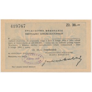 Warsaw, Certificate of fulfillment of the contribution obligation in the amount of 30 zlotys, 1944