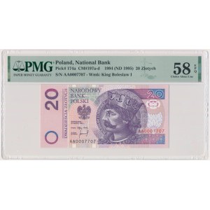 20 zlotých 1994 – AA 0007707 – PMG 58 EPQ – nízke číslo