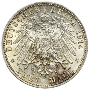 Germany, Grand Duchy of Baden, Friedrich II, 3 Mark Karlsruhe 1914 G