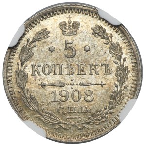 Russia, Nicholas II, 5 Kopeck Petersburg 1908 СПБ ЭБ - NGC MS63