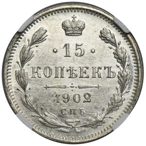 Russia, Nicholas II, 15 Kopeck Petersburg 1902 СПБ АР - NGC UNC DETAILS