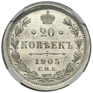 Russia, Nicholas II, 20 Kopeck Petersburg 1905 СПБ АР - NGC UNC DETAILS