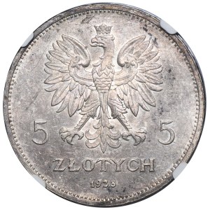 Nike, 5 zlotych, Brussels 1928 - NGC MS61