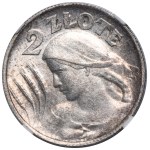 Kobieta i kłosy, 2 złote Birmingham 1924 - literka H - NAJRZADSZA - NGC MS60