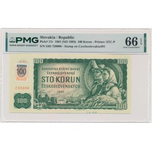 Slovakia, 100 Korun 1961 - with adhesive stamp - PMG 66 EPQ