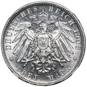 Německo, Bavorsko, Otto, 3 marky, Mnichov 1908 D – NGC MS63