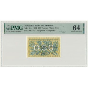 Lithuania, 0.50 Talonas 1991 - with error Valstybinis - PMG 64