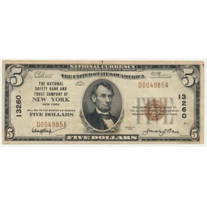 USA, Brown Seal, New York, 5 Dollars 1929 - Jones & Woods -